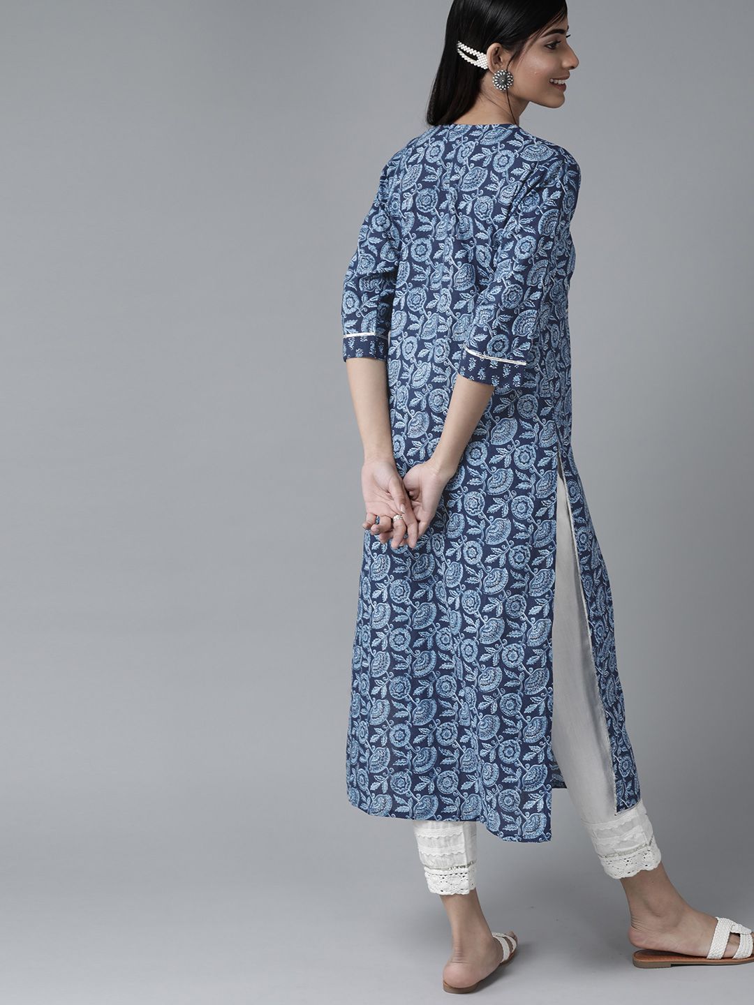 Libas Women Blue Floral Printed Keyhole Neck Gotta Patti Kurta