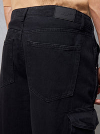 Bewakoof Men's Black Baggy Distressed Cargo Mid-Rise Jeans