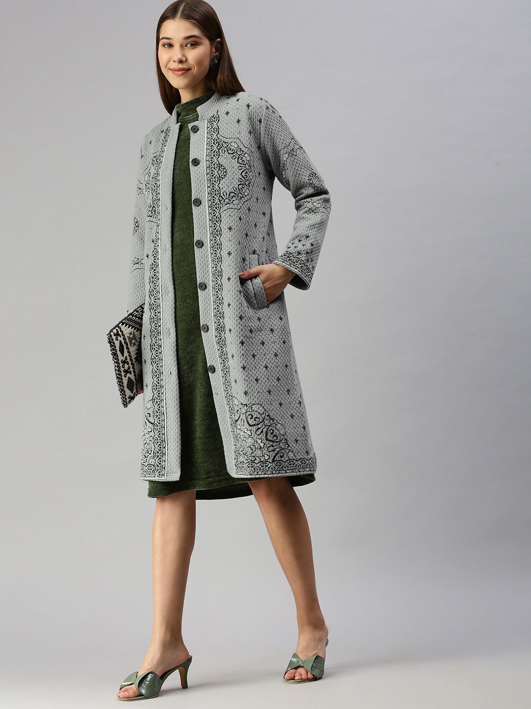 Global Desi Women Grey & Black Longline Parka Jacket