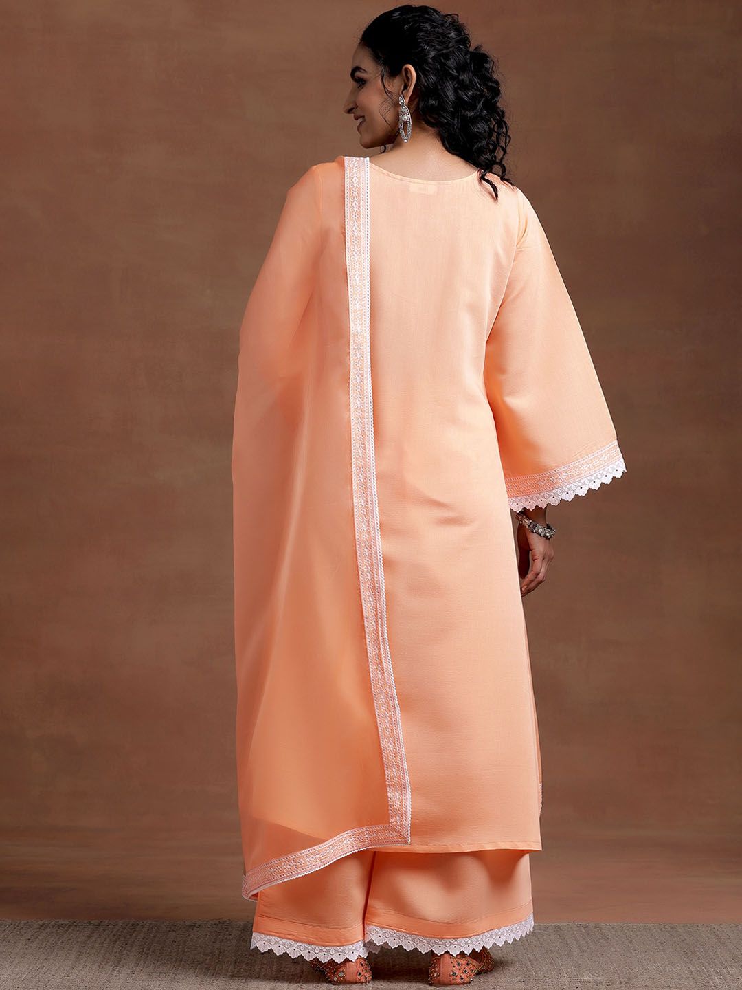 Libas V Neck Long Flared Sleeves Floral Embroidered A Line Kurta with Palazzo & Dupatta