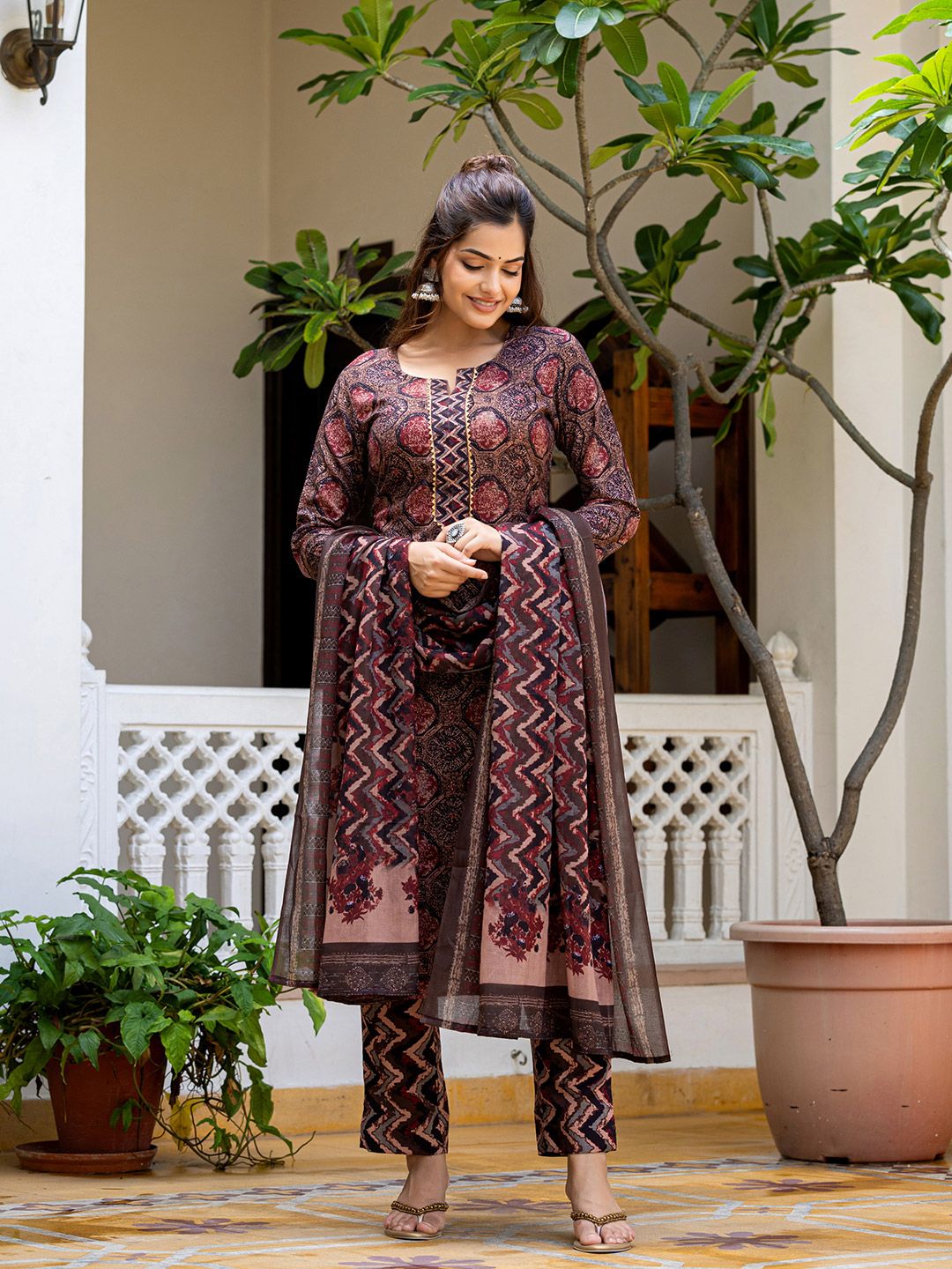 KALINI Geometric Printed Notch Neck Kurta With Trousers & Dupatta