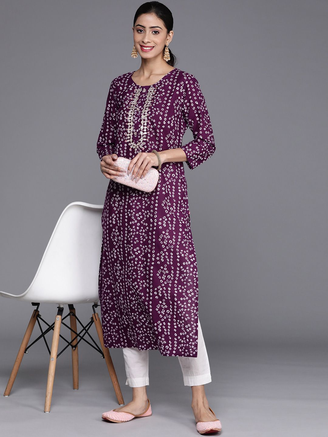 Varanga Women Purple & White Bandhani Printed Pure Cotton Kurta