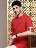 House of Pataudi Mandarin Collar Roll-Up Sleeves Pure Cotton Pathani Rozana Kurta