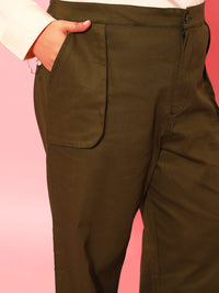 CURVY STREET Women Olive Green Relaxed Straight Leg Loose Fit Trousers