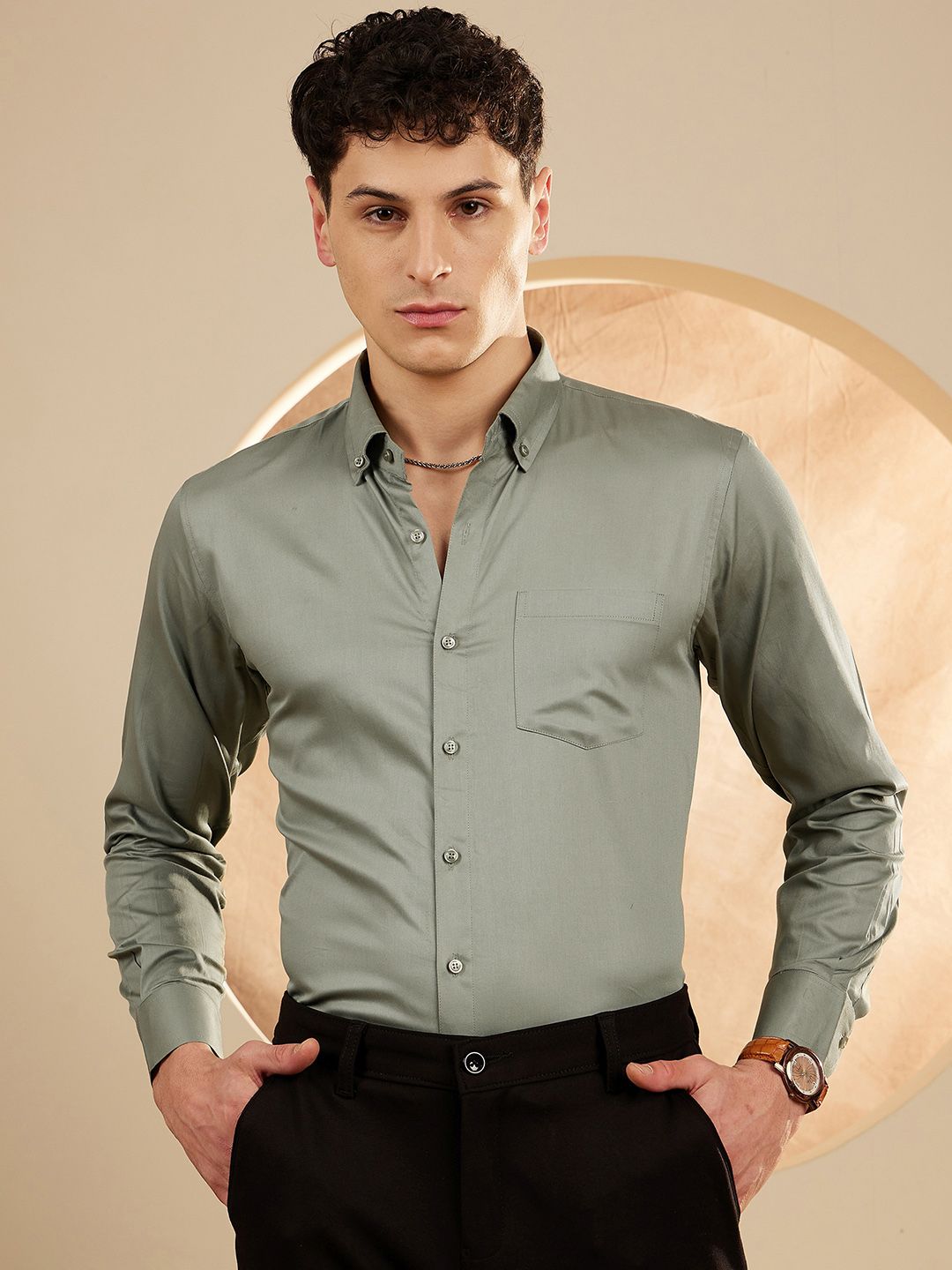 Dennison Men Olive Green Smart Slim Fit Otmal Shirt