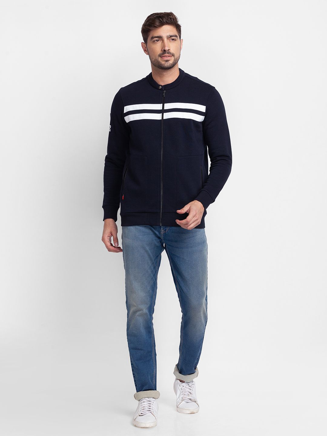 SPYKAR Striped Front-Open Sweatshirt