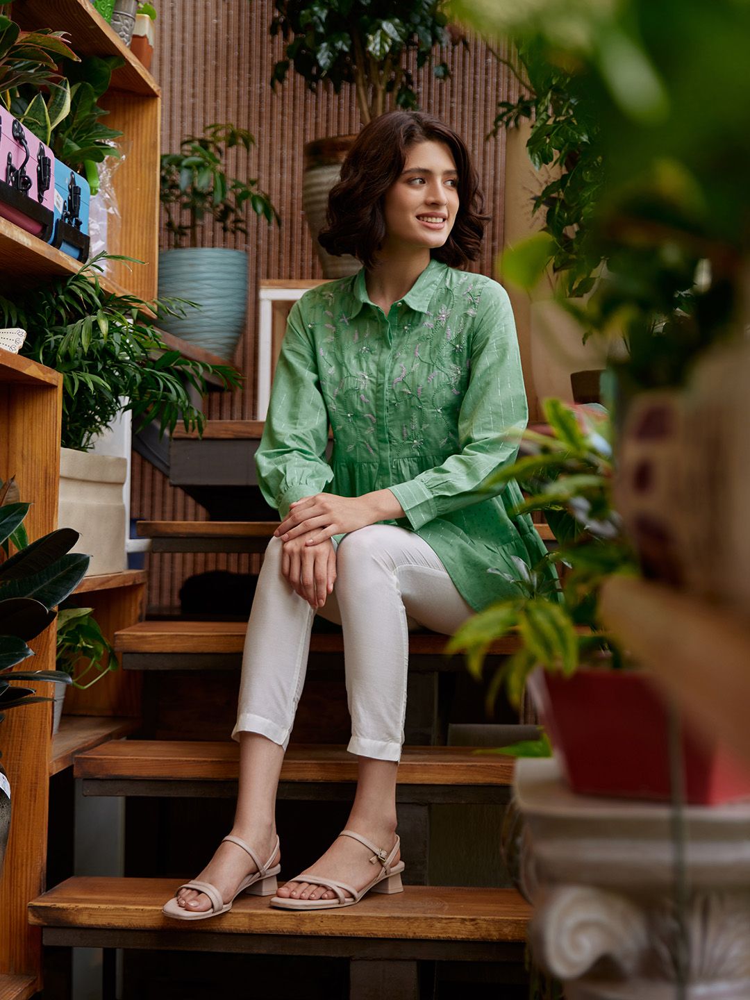 W Green Floral Printed Cotton Shirt Style Top