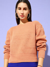 STREET 9 Women Peach-Coloured Cable Knit Crop Pullover