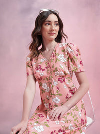 DressBerry Floral Print Puff Sleeves A-Line Midi Dress with Mock Buttons