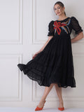 Antheaa Embroidered Round Neck Puff Sleeve Tiered Fit & Flare Midi Dress