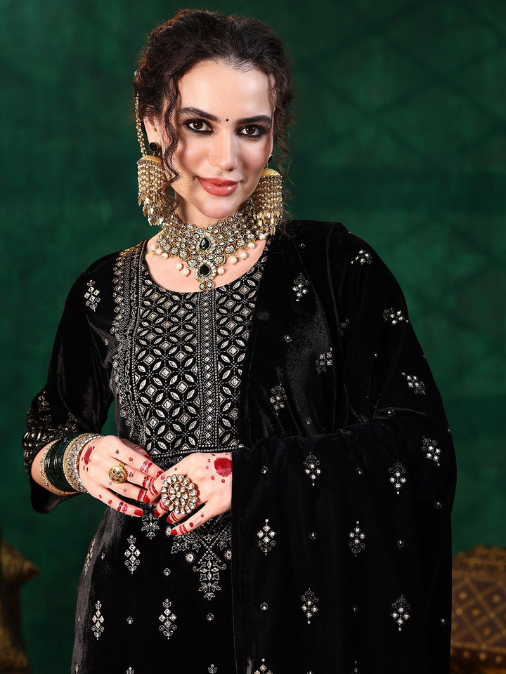Libas Ethnic Motifs Embroidered Straight Velvet Sequinned Kurta with Salwar & Dupatta