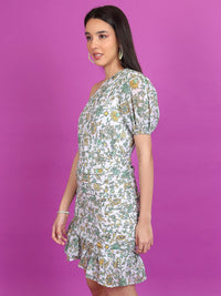 Tokyo Talkies Green & Yellow Floral Printed One Shoulder Gathered Sheath Mini Dress