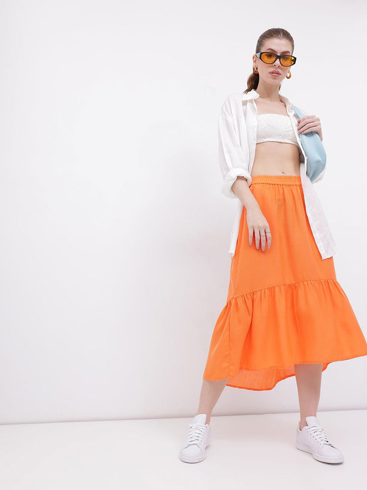 DressBerry Women Dream In Orange Gathered A-line Midi Skirt