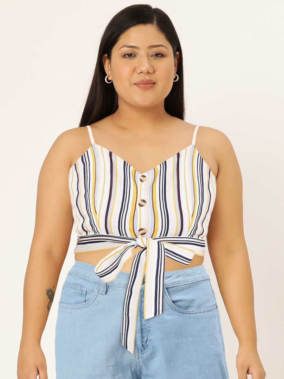 Berrylush White & Yellow Striped Cinched Waist Top