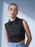 STREET 9 Black Polo Collar Ribbed Self-Striped Crop Top