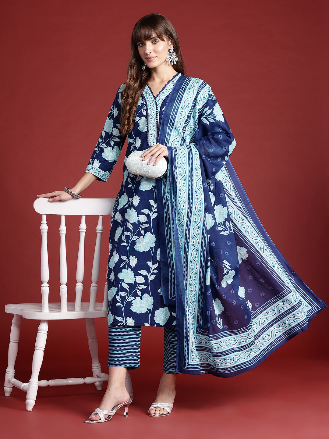 Indo Era Floral Printed Pure Cotton Kurta With Trousers & Dupatta