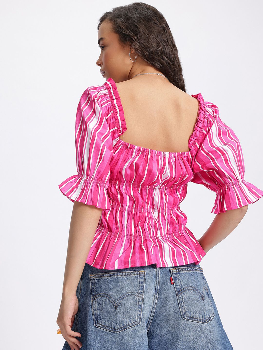 Dressberry Candy Stripes Puff Lengan Kapas Peplum Atas