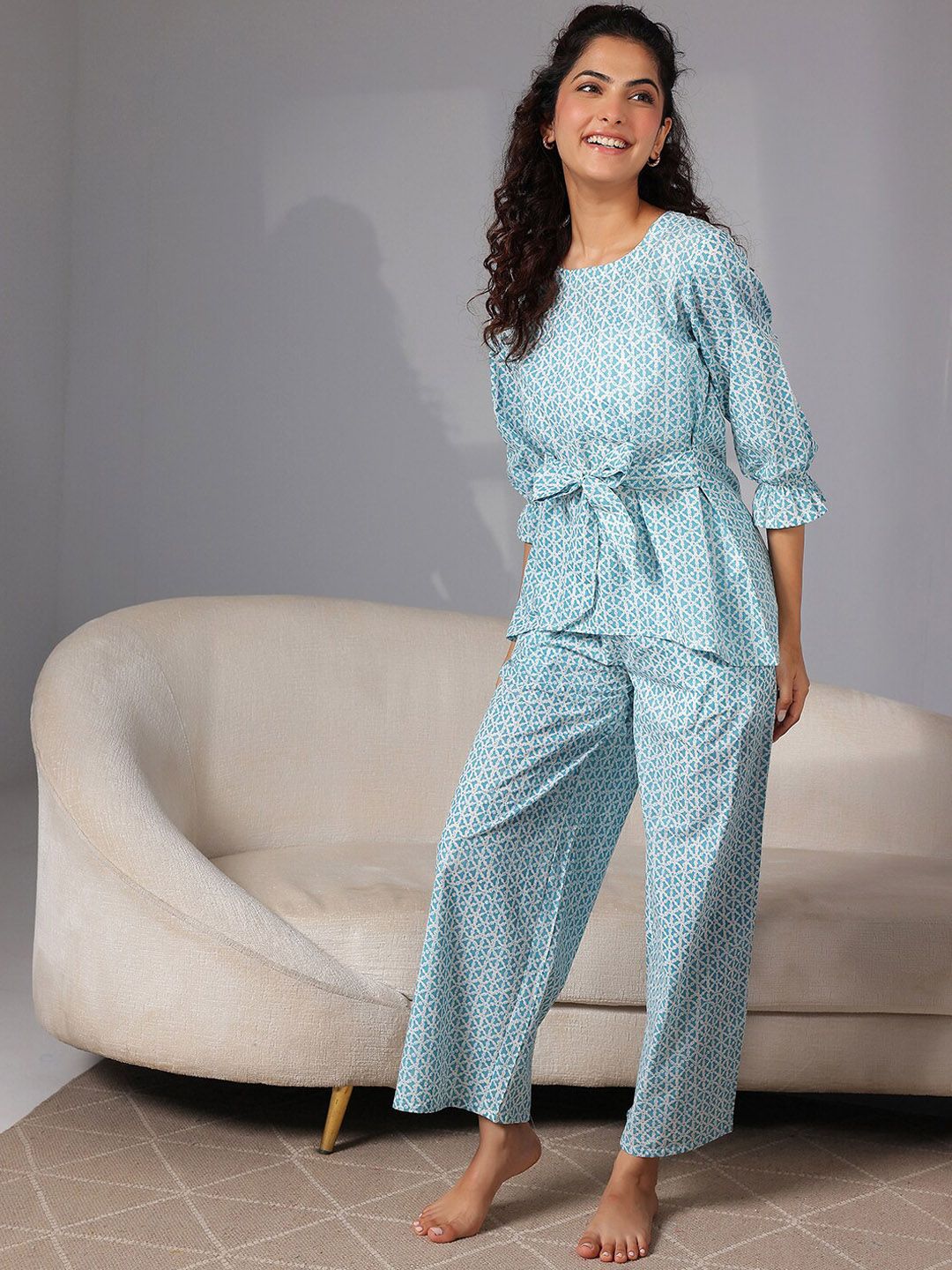 Libas Floral Geometric Printed Pure Cotton Bell Sleeves Tie Up Night Suit