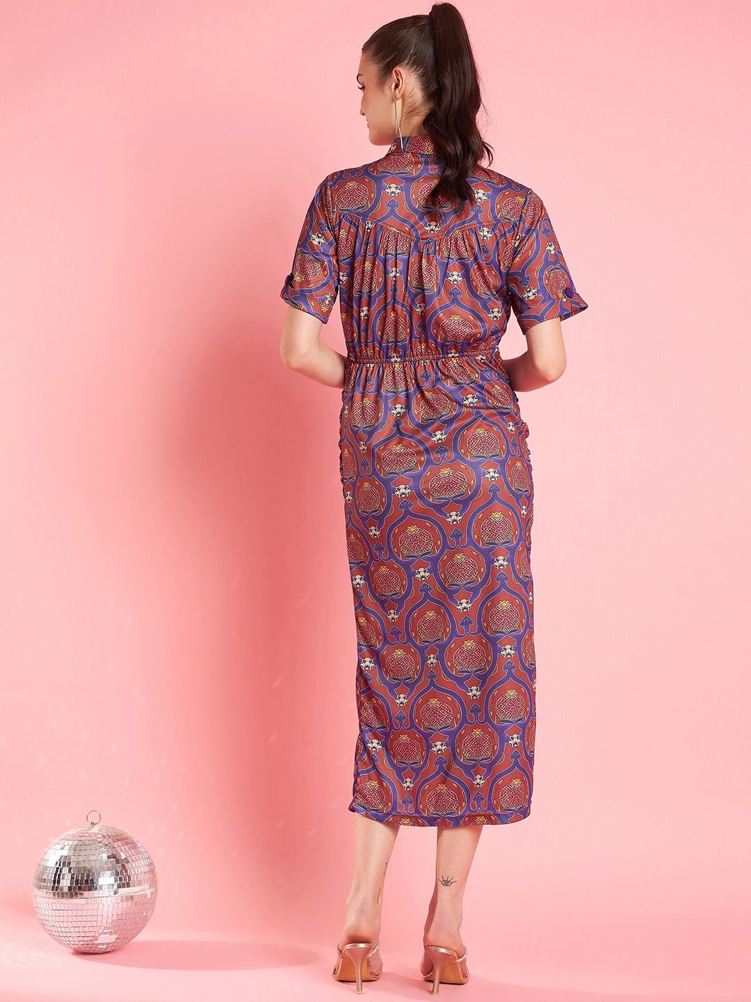 Antheaa Rust Printed Shirt Midi Dress