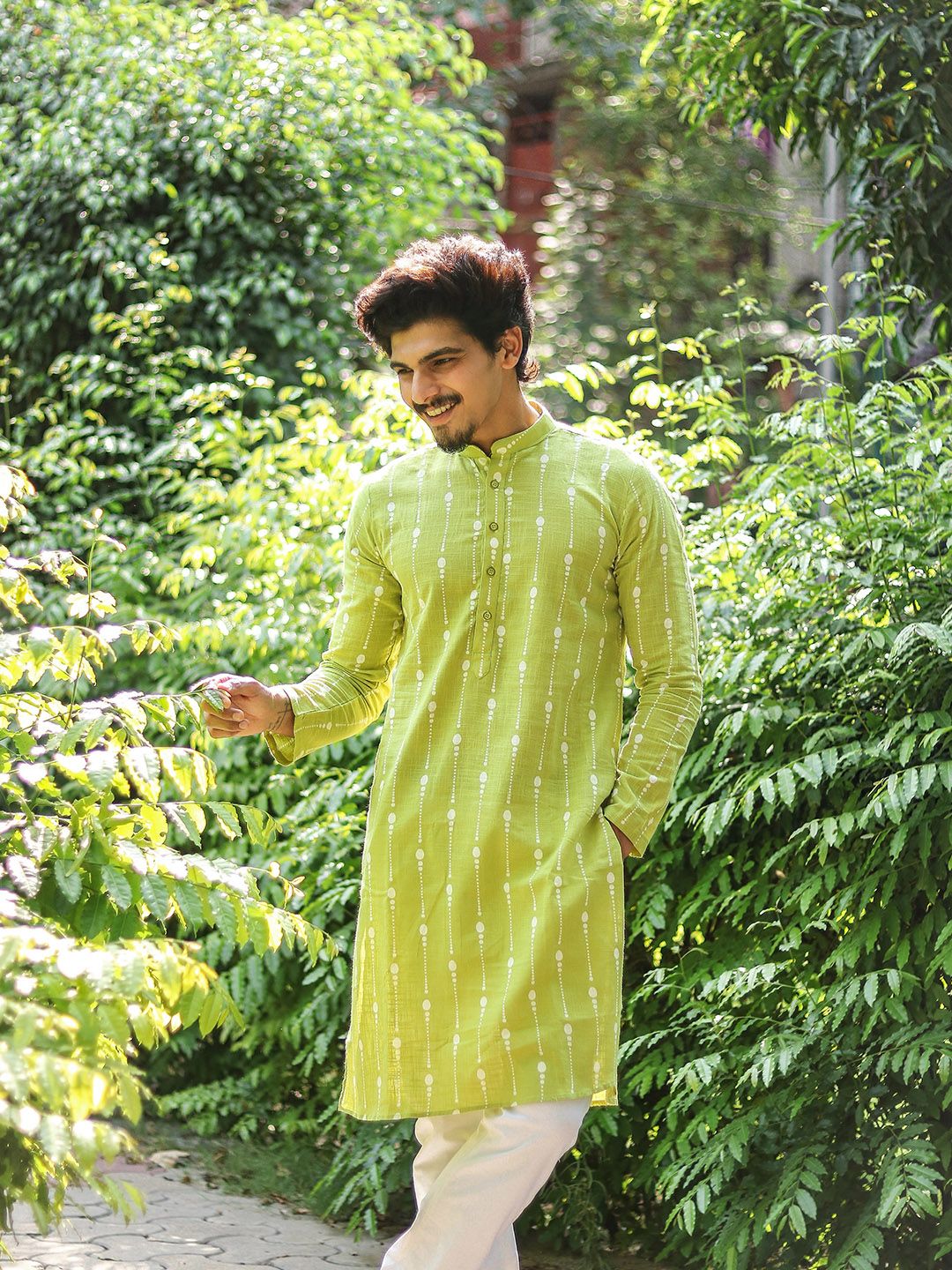 See Designs Men Lime Green & White Printed Pure Cotton Straight Kurta