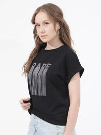 RAREISM BOCATO Graphic Printed Extended Sleeves Cotton Crop T-shirt