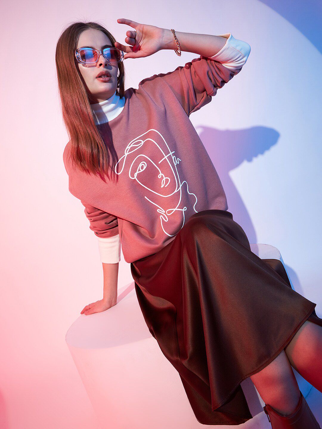 STREET 9 Graphic Printed Turtle Neck Fleece Pullover Sweatshirt