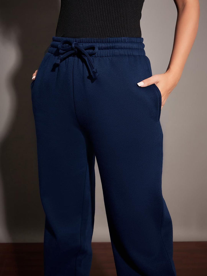 SASSAFRAS Women Navy Blue Relaxed Fit Mid-Rise Fleece Joggers