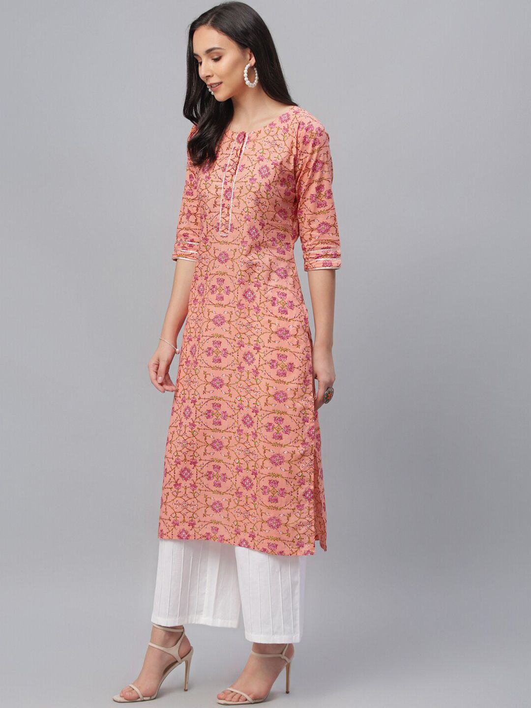 Libas Women Peach & Pink Floral Print Straight Kurta