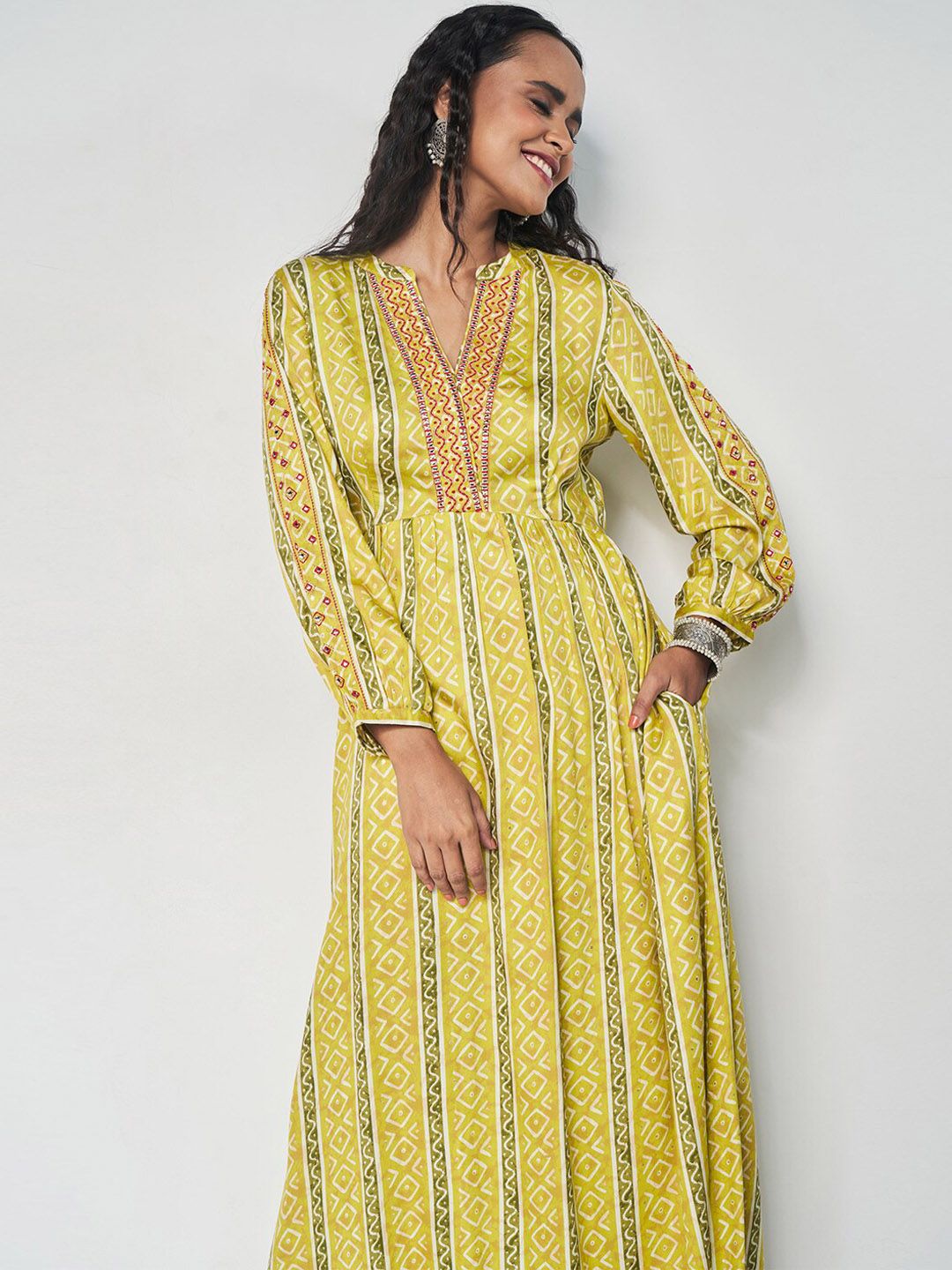 Global Desi Ethnic Motifs Printed Mandarin Collar Cuffed Sleeves Maxi Ethnic Dress