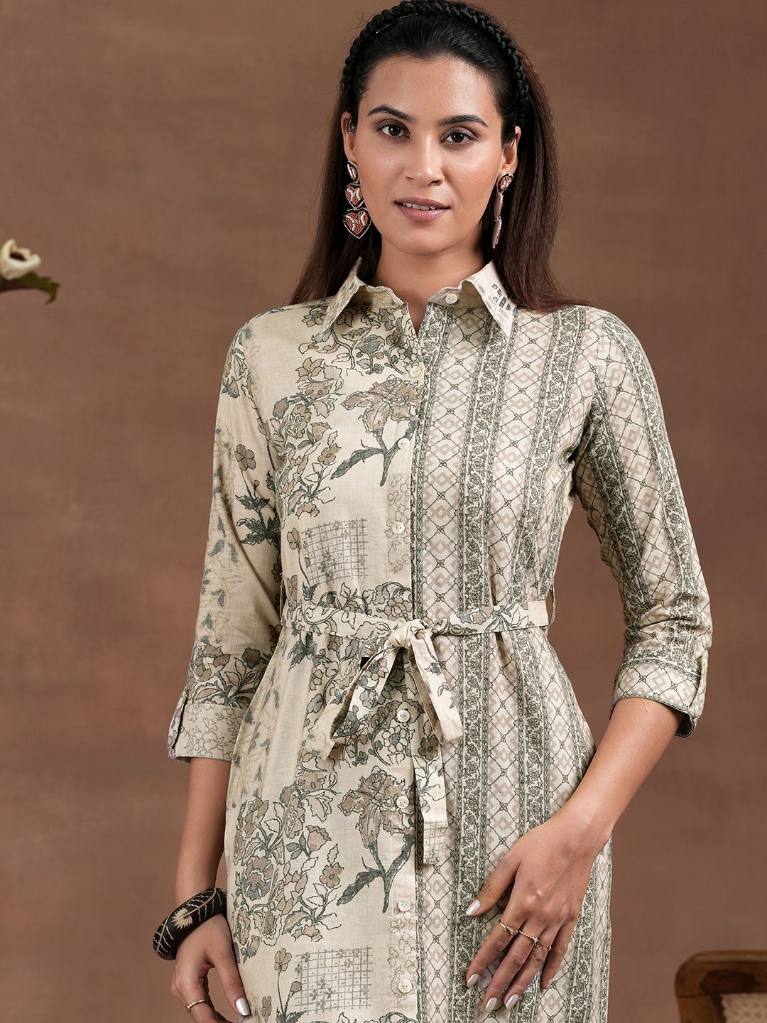 Libas Floral Printed Bell Straight Shirt Midi Dress With Waist Belt