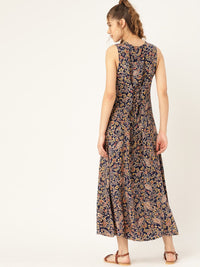 DressBerry Navy Blue & Mustard Yellow Floral Printed Maxi Dress