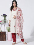 W Ethnic Motifs Thread Work Pure Cotton Straight Kurta with Trousers & With Dupatta