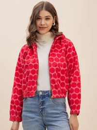 Antheaa Pink Geometric Printed Hooded Neck Corduroy Crop Bomber Jacket