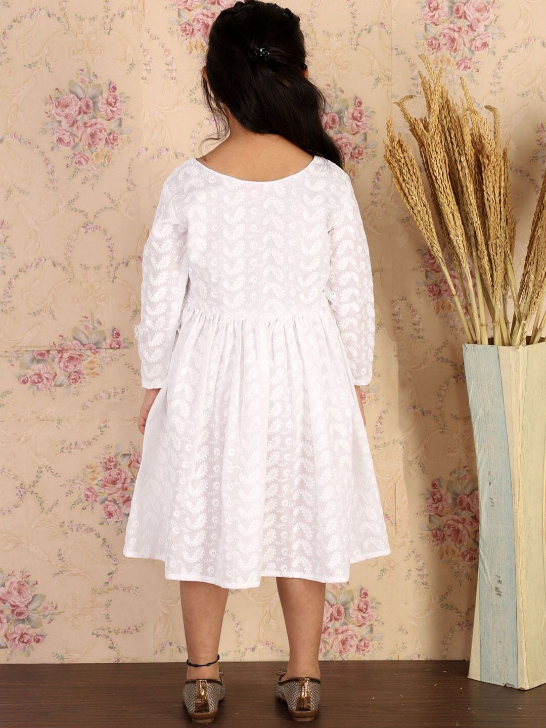 VASTRAMAY Girls White Chikankari Cotton Ethnic Dress