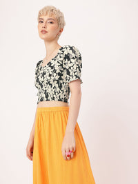 DressBerry Floral Finesse Whimsy Puff Sleeves Crop Top