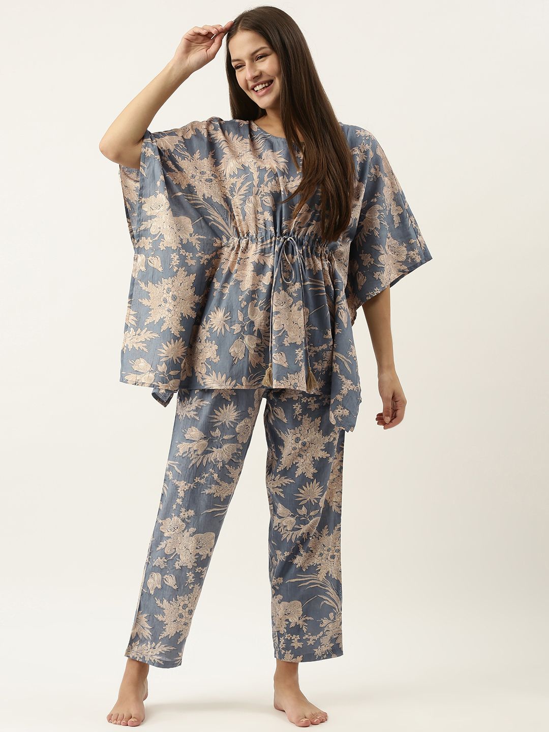 SANSKRUTIHOMES Women Blue & Beige Printed Cotton Night suit