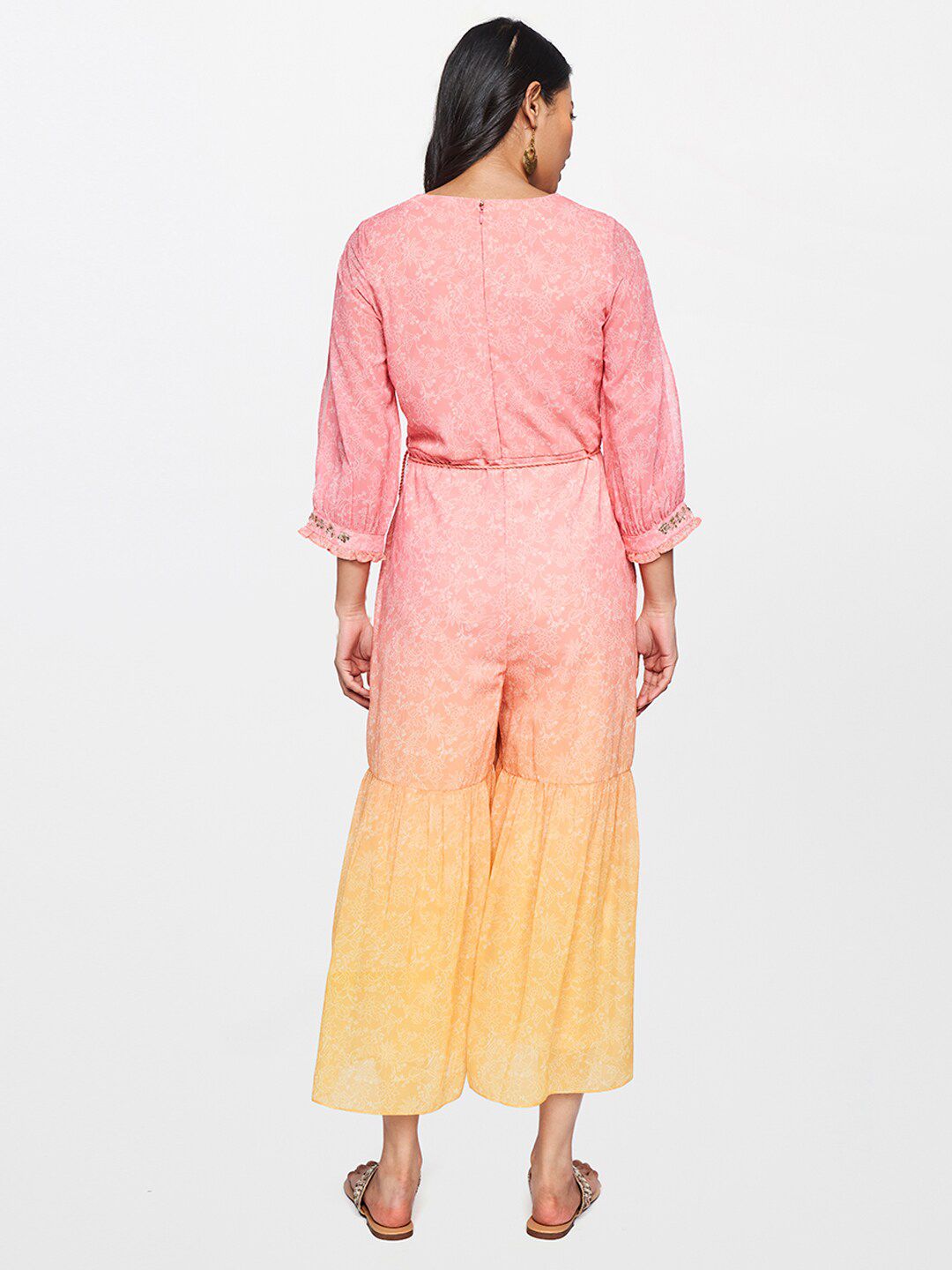 Global Desi Pink & Yellow Printed Basic Jumpsuit