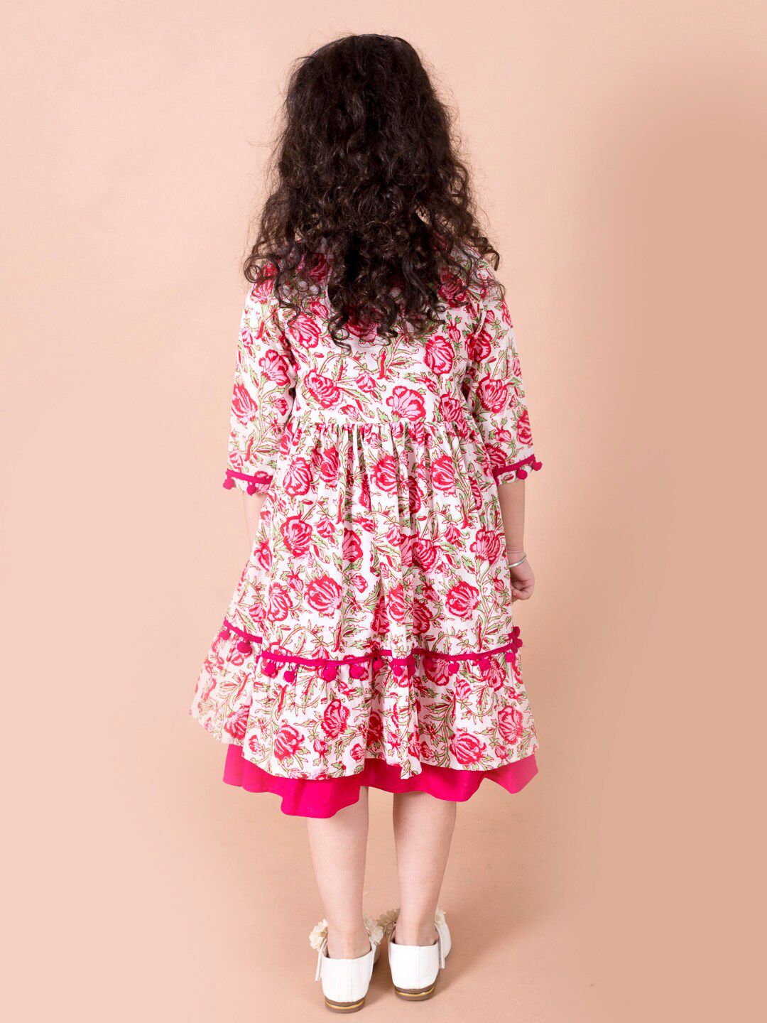 pspeaches Magenta & White Floral A-Line Cotton Dress with Attached Shrug
