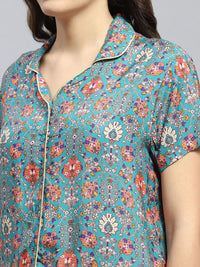 Monte Carlo Floral Printed Lapel Collar Night suit