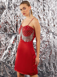 STREET 9 Red Embellished Shoulder Straps Satin Bodycon Dress