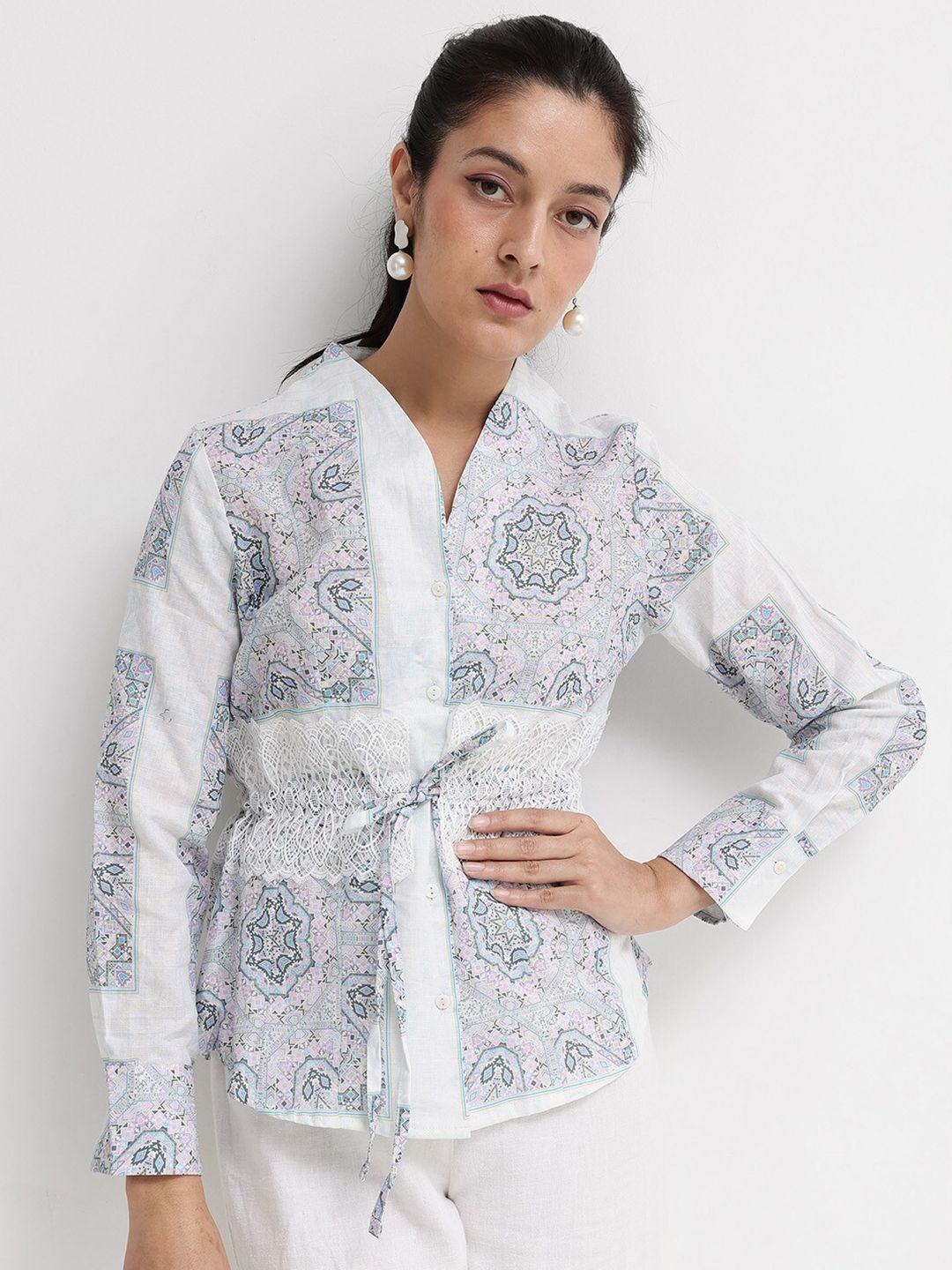 RAREISM Ethnic Motifs Printed Mandarin Collar Cotton Cinched Waist Top