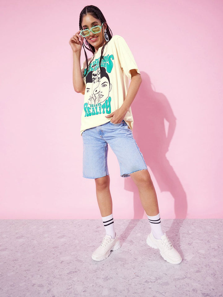 DILLINGER Off White & Green Printed Oversized Pure Cotton Longline T-shirt
