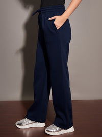 SASSAFRAS Women Navy Blue Relaxed Fit Mid-Rise Fleece Track Pants