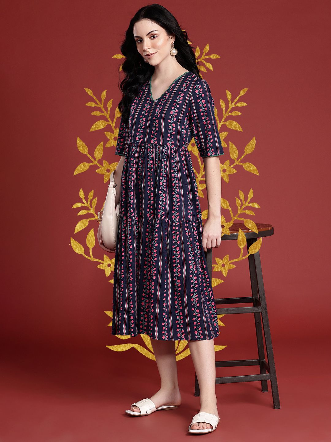 Anouk Floral Print Pleated Pure Cotton Tiered Ethnic Dress