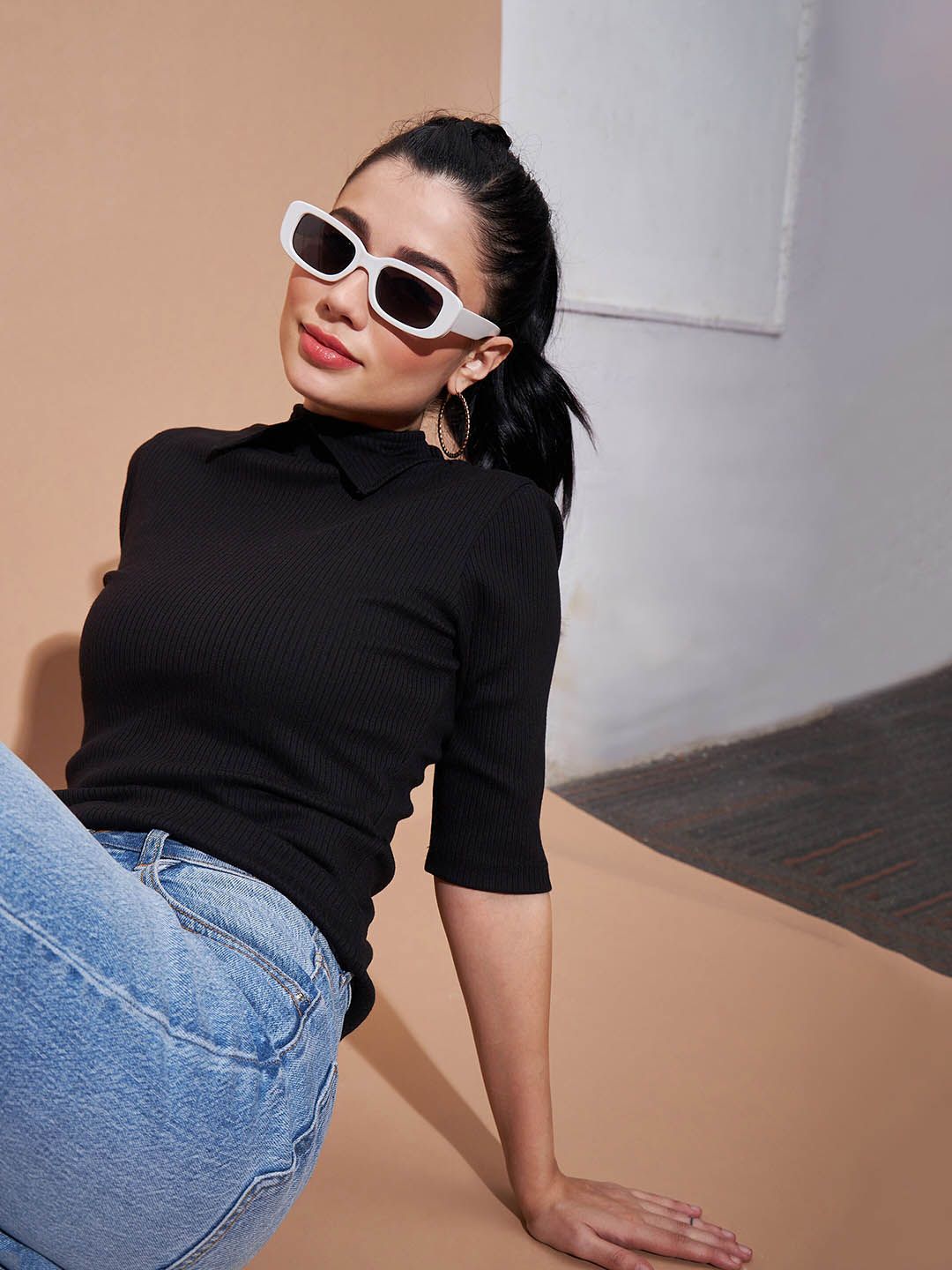 SASSAFRAS BASICS Ribbed Shirt Collar Cotton Top