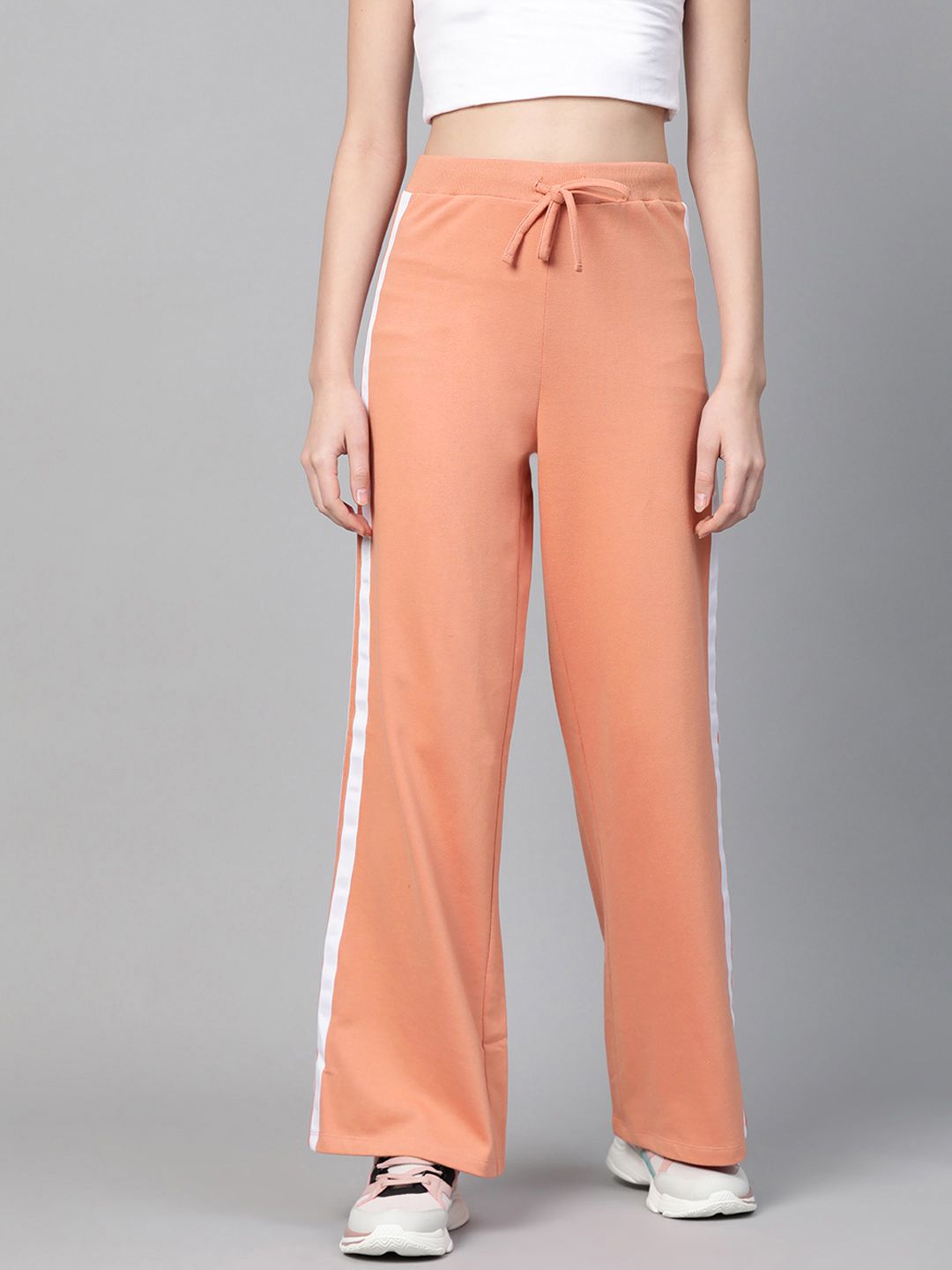 SASSAFRAS Women Peach-Coloured Side-Striped Wide Leg Track Pants