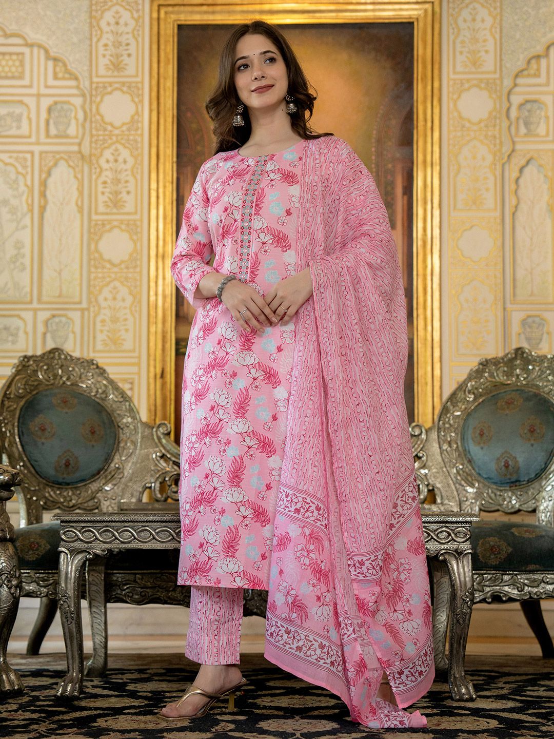 KALINI Floral Printed Thread Work Straight Kurta with Trousers & Dupatta