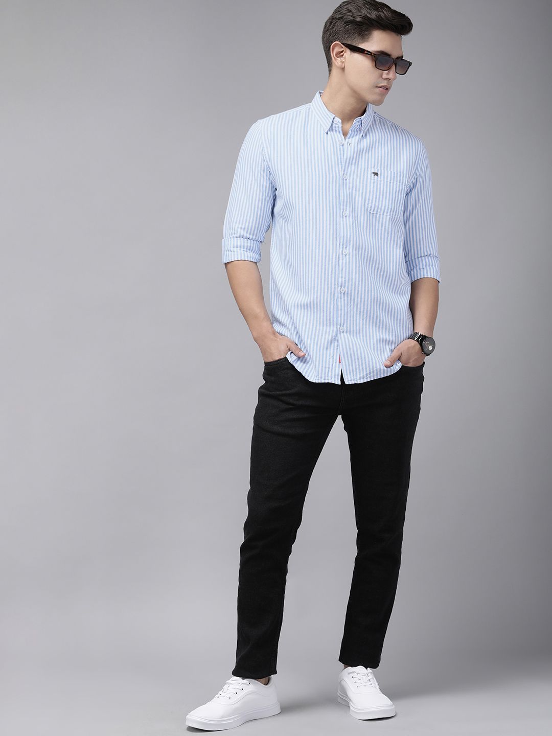 THE BEAR HOUSE Men Blue & White Cotton Slim Fit Striped Casual Shirt