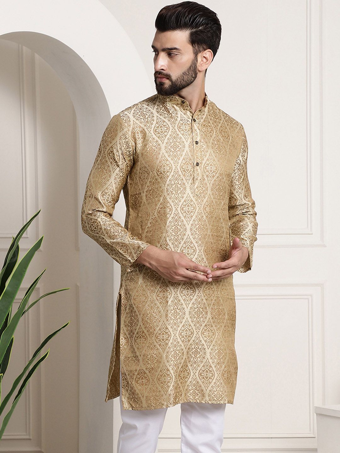 SOJANYA Men Beige Ethnic Motifs Jacquard Kurta