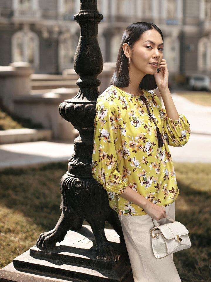 all about you Floral Print Tie-Up Neck Puff Sleeves Top